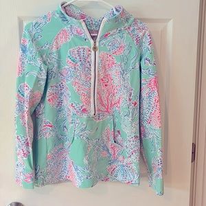 Lilly Pulitzer cotton quarter zip, green coral reef print, size S